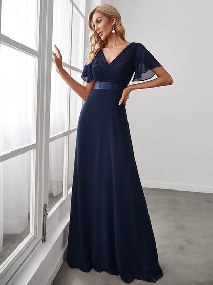 Monica™ | Vestido Largo de Chifón con Escote en V y Mangas de Volantes