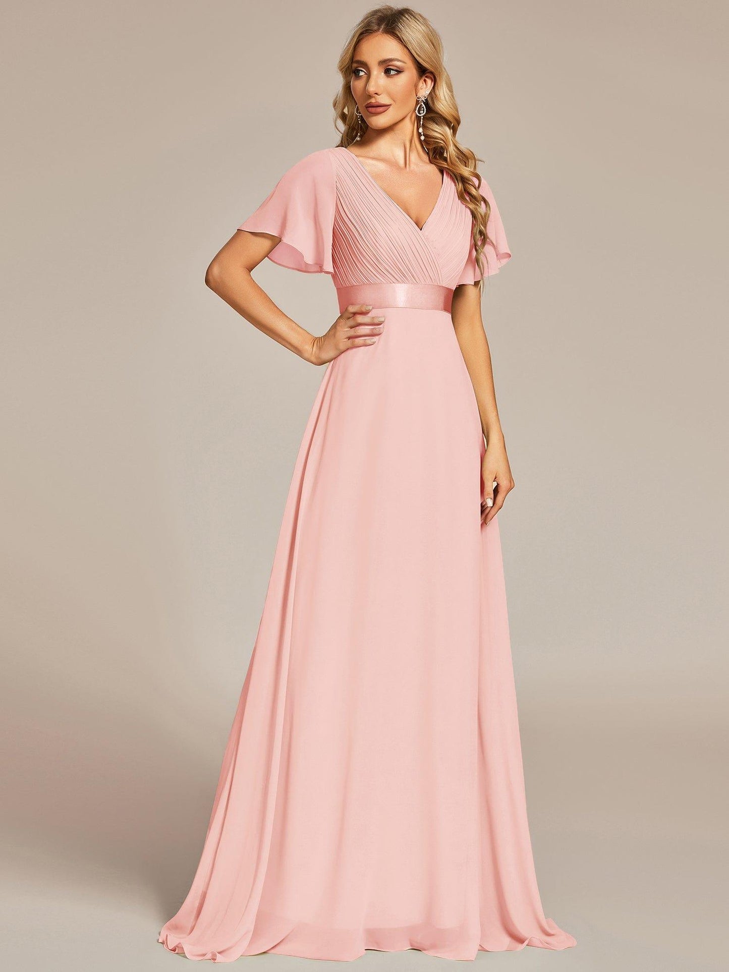 Monica™ | Vestido Largo de Chifón con Escote en V y Mangas de Volantes