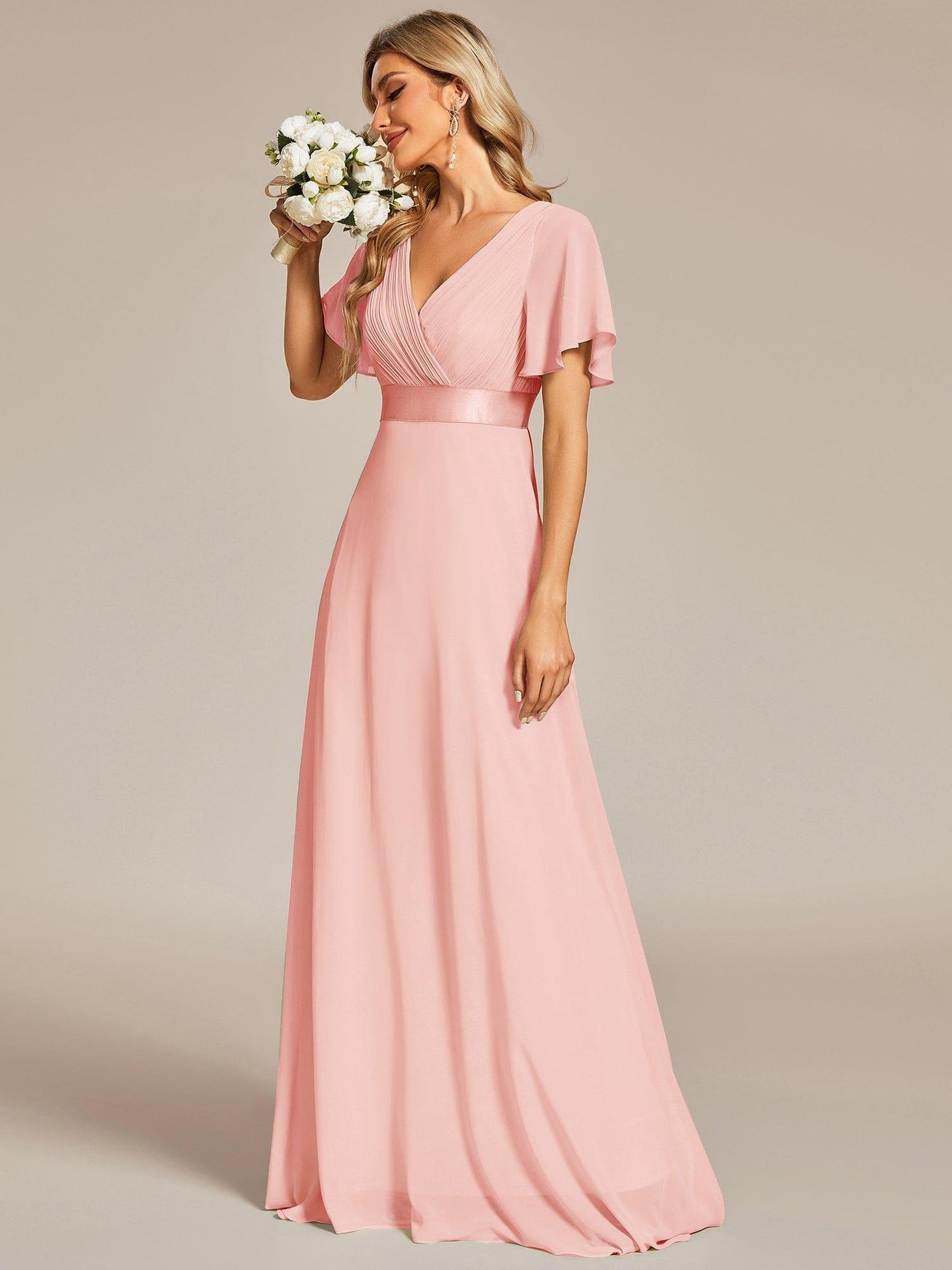Monica™ | Vestido Largo de Chifón con Escote en V y Mangas de Volantes