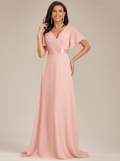 Monica™ | Vestido Largo de Chifón con Escote en V y Mangas de Volantes