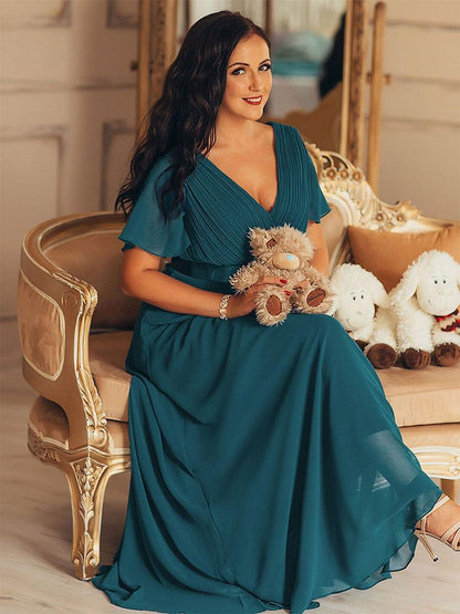 Monica™ | Vestido Largo de Chifón con Escote en V y Mangas de Volantes