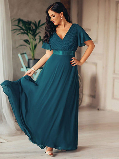 Monica™ | Vestido Largo de Chifón con Escote en V y Mangas de Volantes