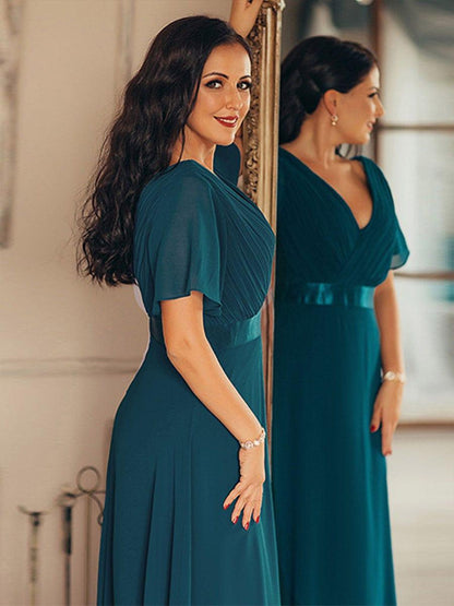 Monica™ | Vestido Largo de Chifón con Escote en V y Mangas de Volantes