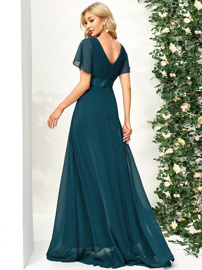 Monica™ | Vestido Largo de Chifón con Escote en V y Mangas de Volantes