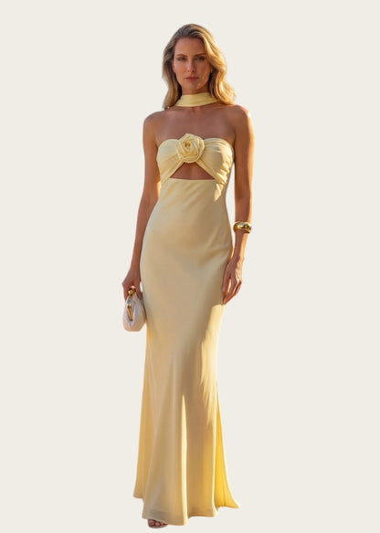 Vestido Gardenia - Maxi Halter con Rosa Corsage
