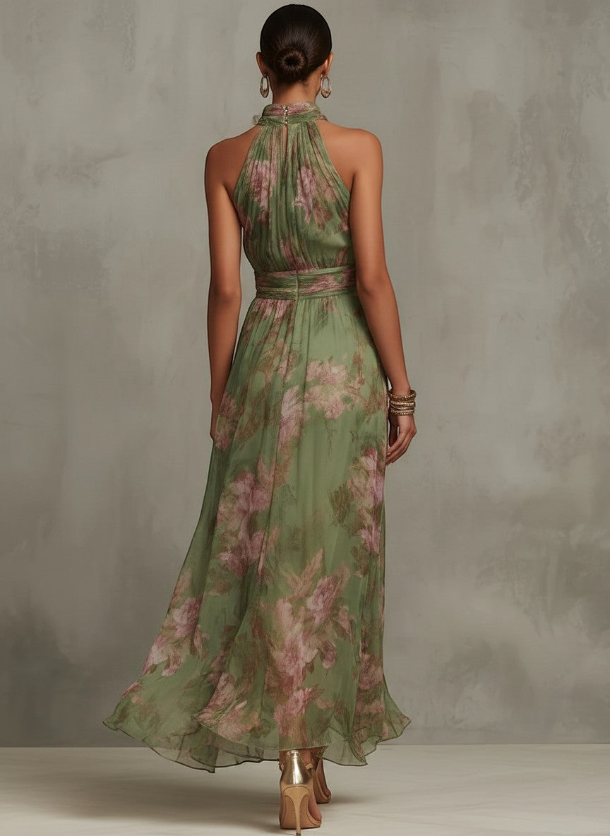 Zaira -  Vestido largo verde con estampado floral para mujer