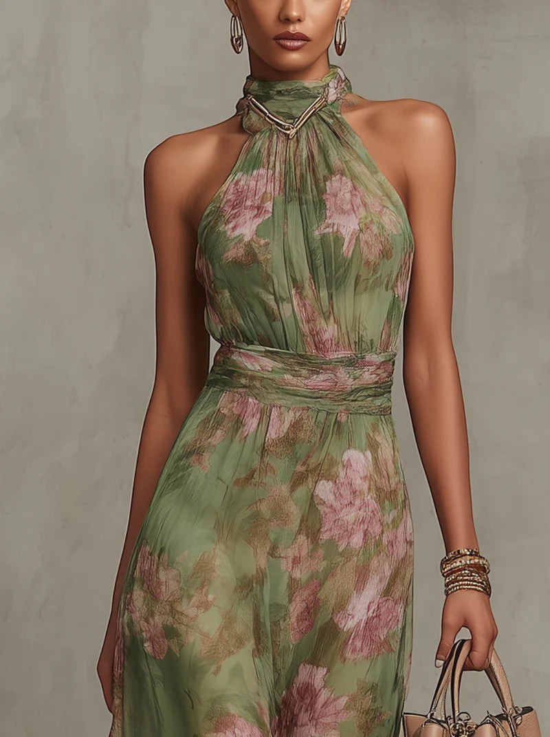 Zaira -  Vestido largo verde con estampado floral para mujer