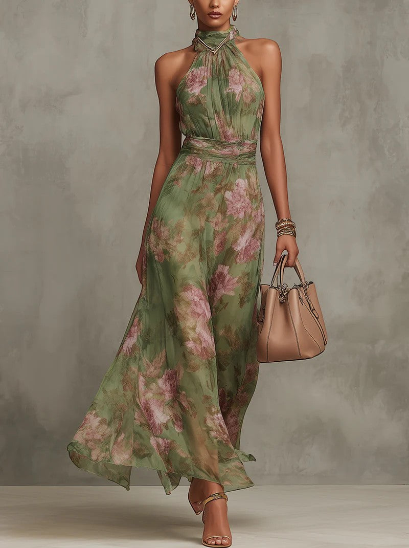 Zaira -  Vestido largo verde con estampado floral para mujer