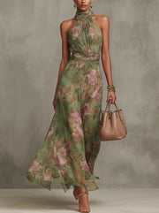 Zaira -  Vestido largo verde con estampado floral para mujer