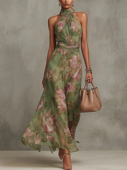 Zaira -  Vestido largo verde con estampado floral para mujer