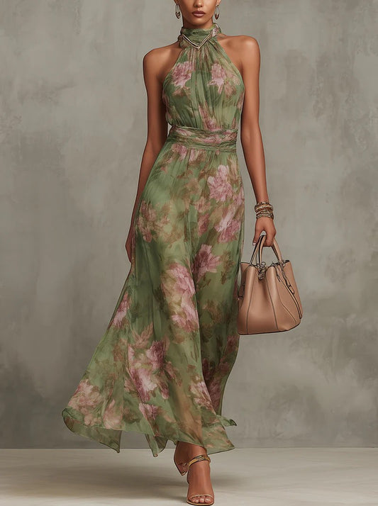Zaira -  Vestido largo verde con estampado floral para mujer