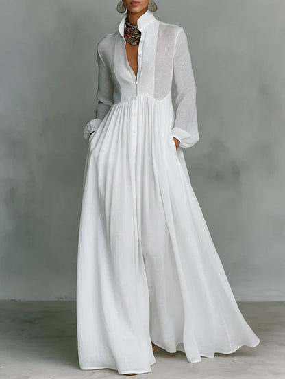 Maxi minimalista de algodón y lino con patchwork, cuello alto y mangas largas