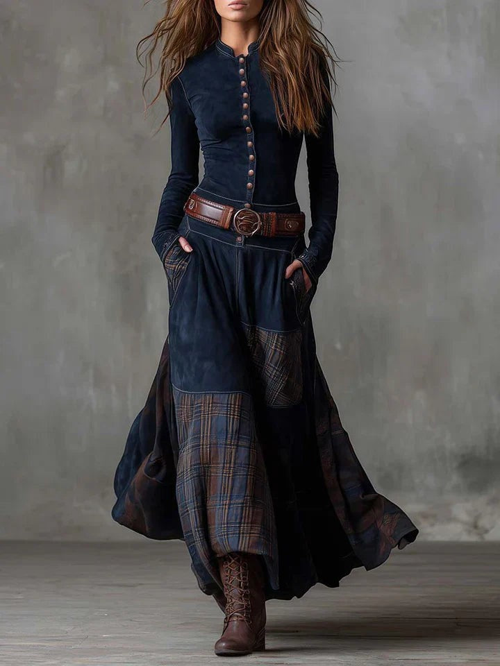 Vestido largo vintage de ante a cuadros azul marino