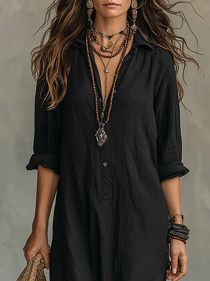 Emilia - Vestido maxi bohemio tipo camisa negro con botones delanteros