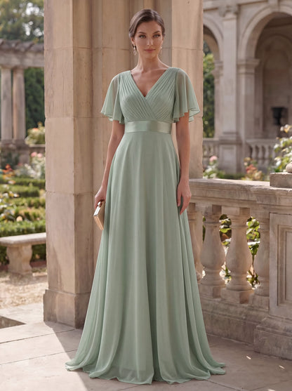 Monica™ | Vestido Largo de Chifón con Escote en V y Mangas de Volantes