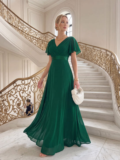 Monica™ | Vestido Largo de Chifón con Escote en V y Mangas de Volantes