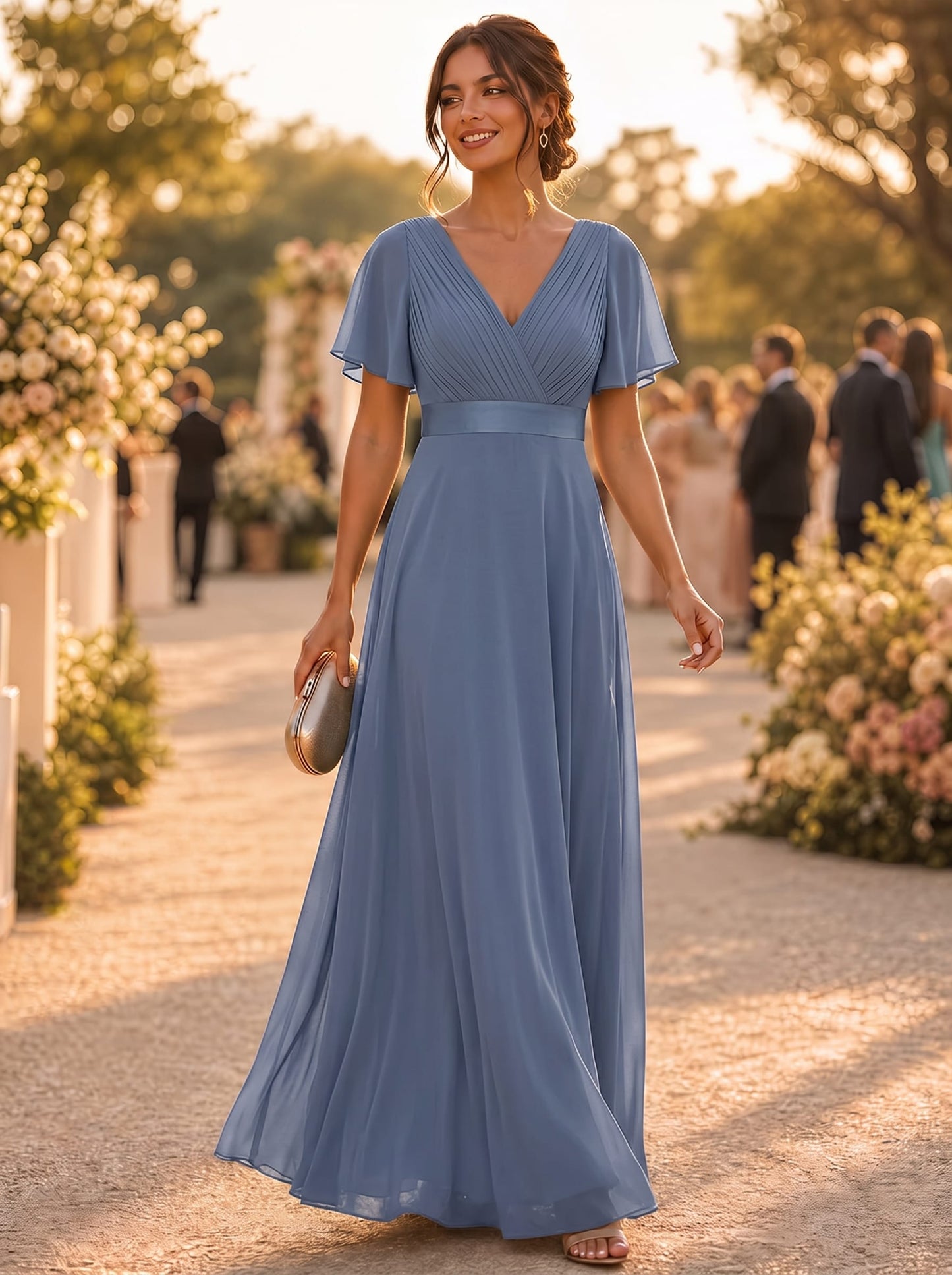 Monica™ | Vestido Largo de Chifón con Escote en V y Mangas de Volantes