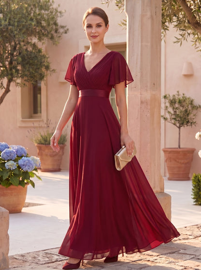 Monica™ | Vestido Largo de Chifón con Escote en V y Mangas de Volantes