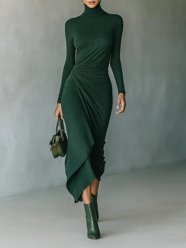 Vestido midi envolvente asimétrico con pliegues y cuello alto verde oscuro