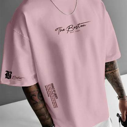 Dario -  Camiseta de hombre, estampado con la letra "Boston", fresca y cómoda.