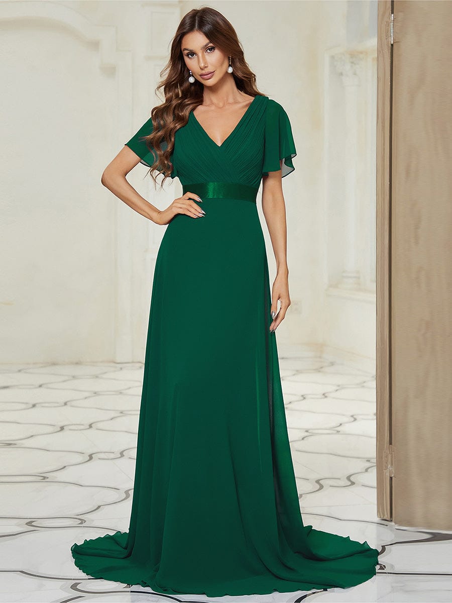 Monica™ | Vestido Largo de Chifón con Escote en V y Mangas de Volantes