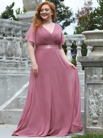 Monica™ | Vestido Largo de Chifón con Escote en V y Mangas de Volantes