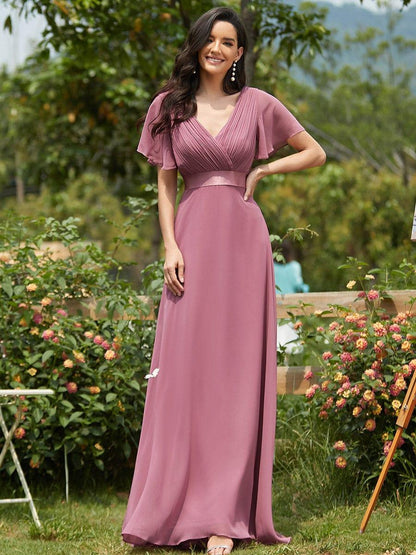 Monica™ | Vestido Largo de Chifón con Escote en V y Mangas de Volantes