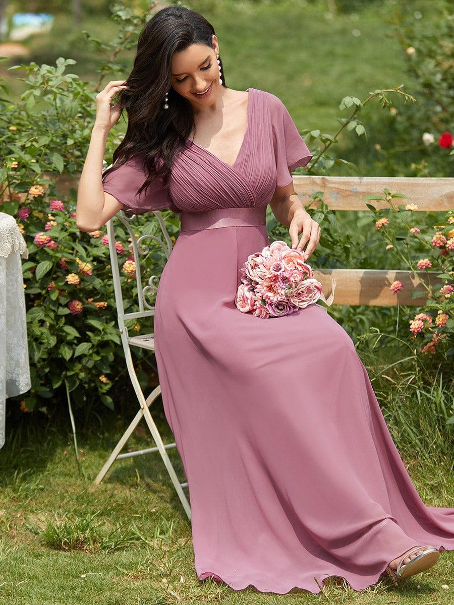 Monica™ | Vestido Largo de Chifón con Escote en V y Mangas de Volantes