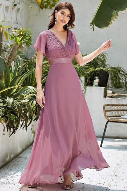 Monica™ | Vestido Largo de Chifón con Escote en V y Mangas de Volantes