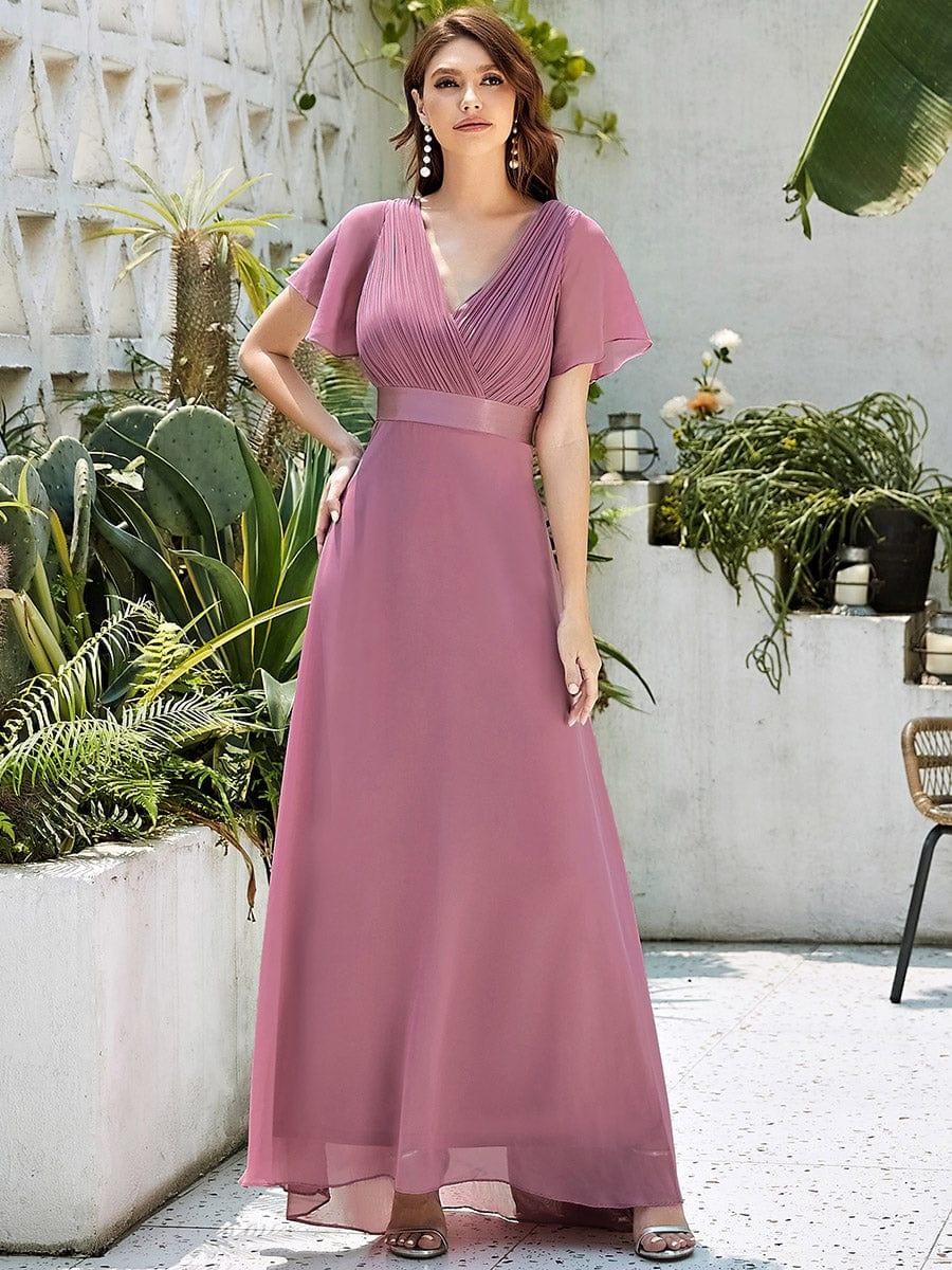 Monica™ | Vestido Largo de Chifón con Escote en V y Mangas de Volantes