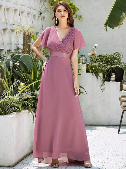 Monica™ | Vestido Largo de Chifón con Escote en V y Mangas de Volantes
