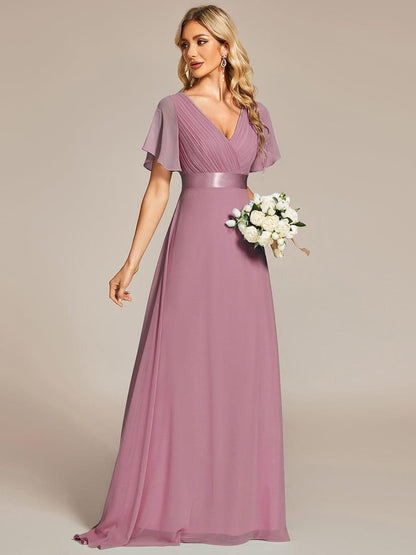 Monica™ | Vestido Largo de Chifón con Escote en V y Mangas de Volantes