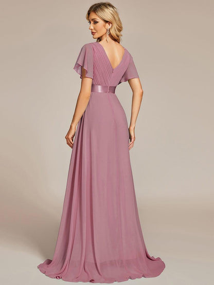 Monica™ | Vestido Largo de Chifón con Escote en V y Mangas de Volantes
