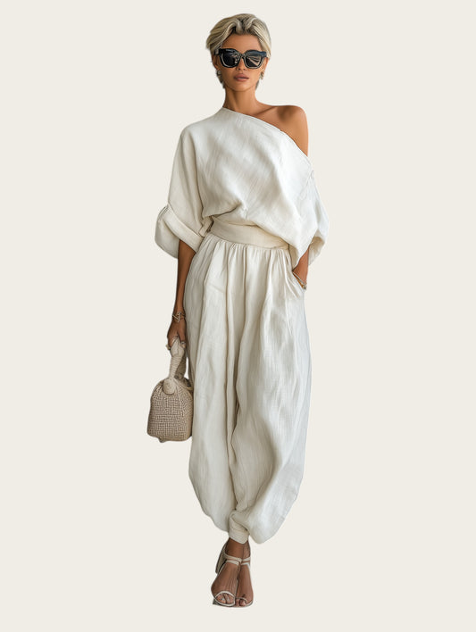 Lisa | Top Suave de Hombros Descubiertos y Pantalones Tapered