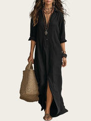 Emilia - Vestido maxi bohemio tipo camisa negro con botones delanteros