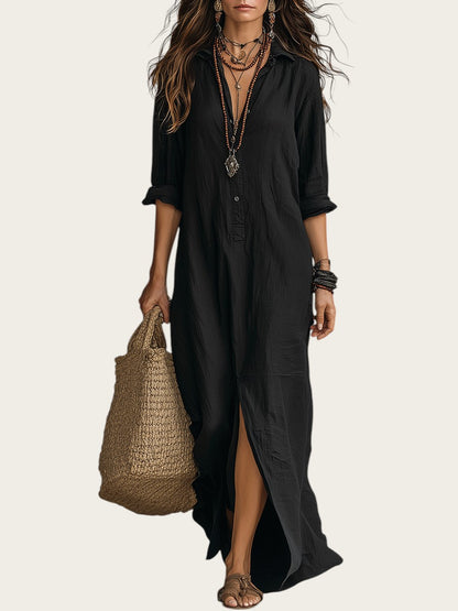 Emilia - Vestido maxi bohemio tipo camisa negro con botones delanteros