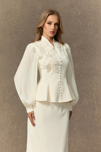 Dressed To Dazzle | Conjunto De Falda Con Bordado Floral Y Mangas Plisadas