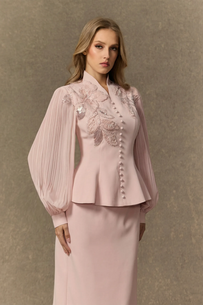Dressed To Dazzle | Conjunto De Falda Con Bordado Floral Y Mangas Plisadas