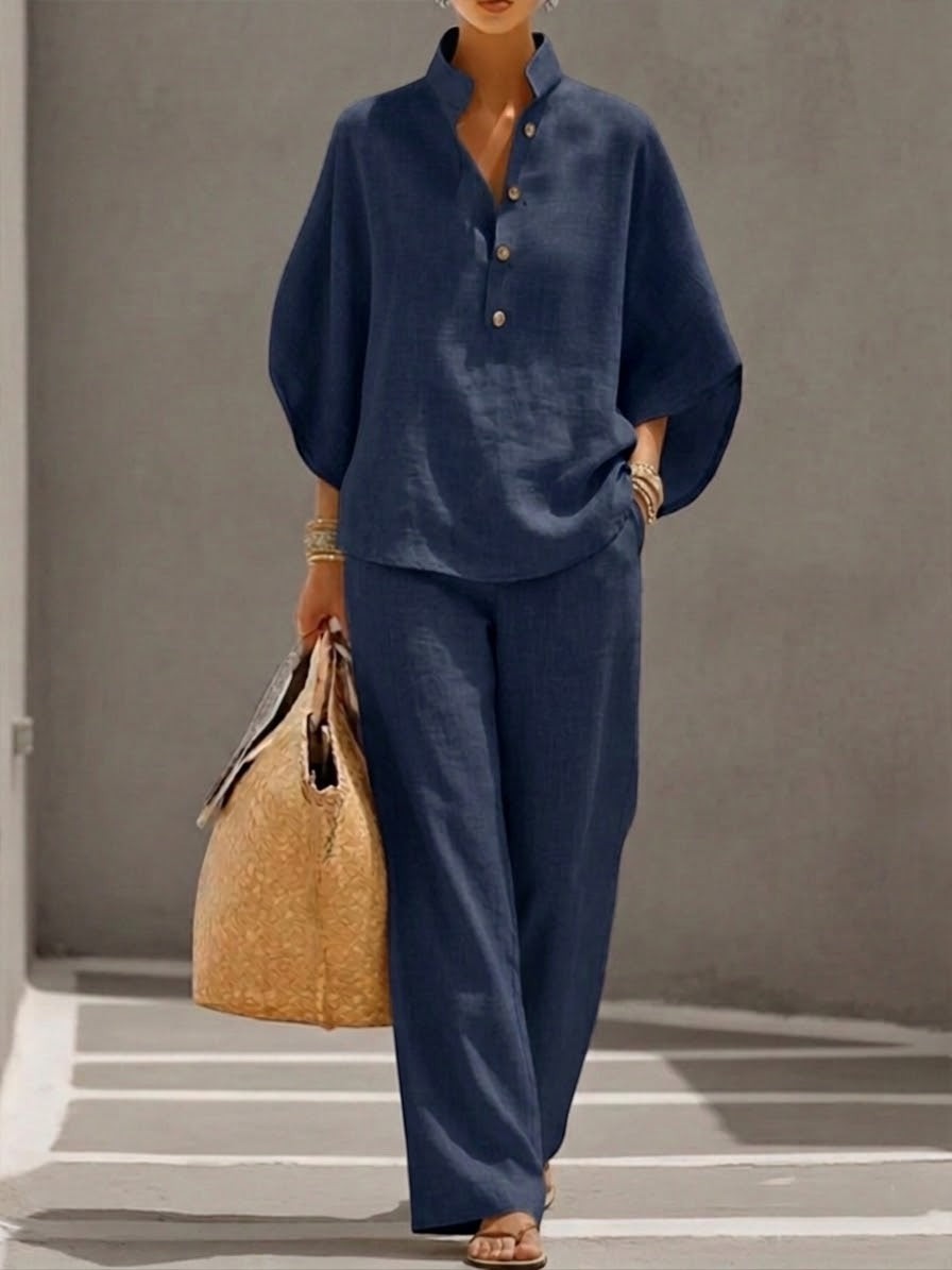 Mariel | Conjunto de Algodón y Lino con Mangas Murciélago y Pantalón Ancho
