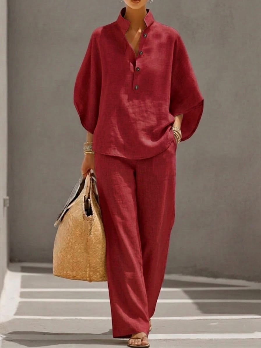 Mariel | Conjunto de Algodón y Lino con Mangas Murciélago y Pantalón Ancho