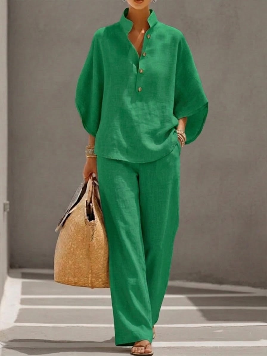 Mariel | Conjunto de Algodón y Lino con Mangas Murciélago y Pantalón Ancho