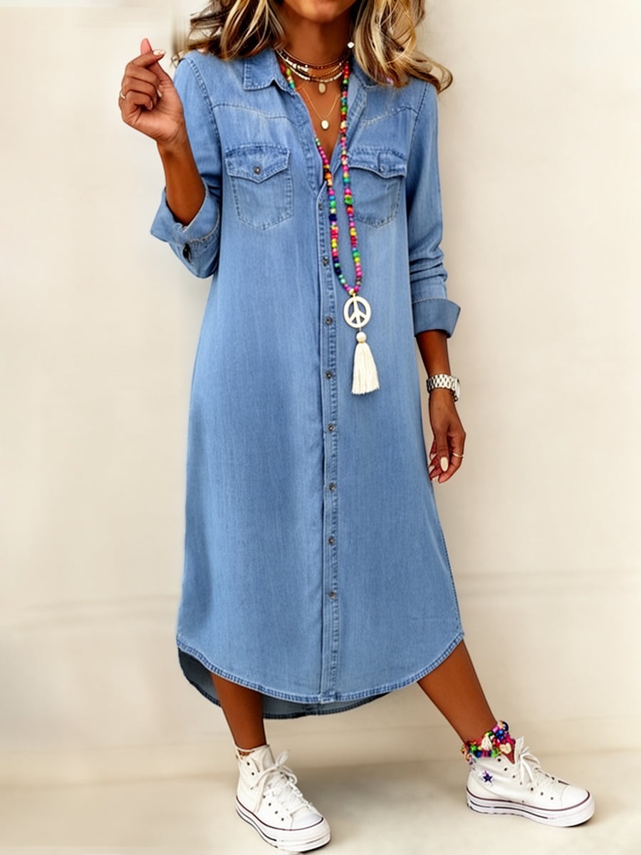 Elena | Vestido Camisero Vaquero Largo Casual Elegante