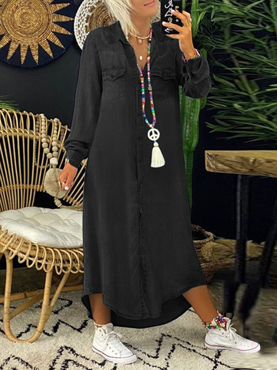 Elena | Vestido Camisero Vaquero Largo Casual Elegante