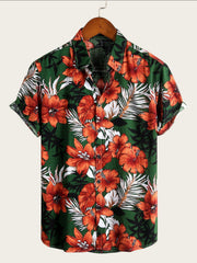 Camisa Tropical Hawaiana Verde de Algodón y Estampado Floral
