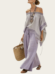Conjunto de Lino de Dos Piezas con Diseño Off-the-Shoulder
