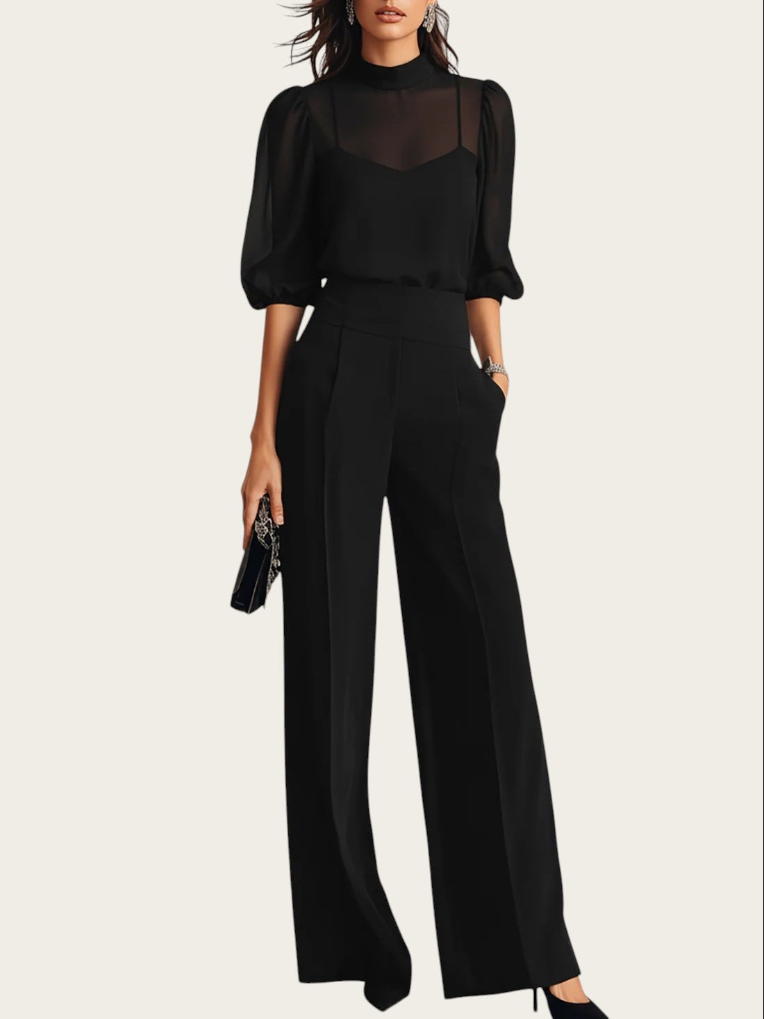 Victoria Lemaire conjunto negro de gasa de tres piezas con top transparente, camiseta interior y pantalón de pierna ancha.
