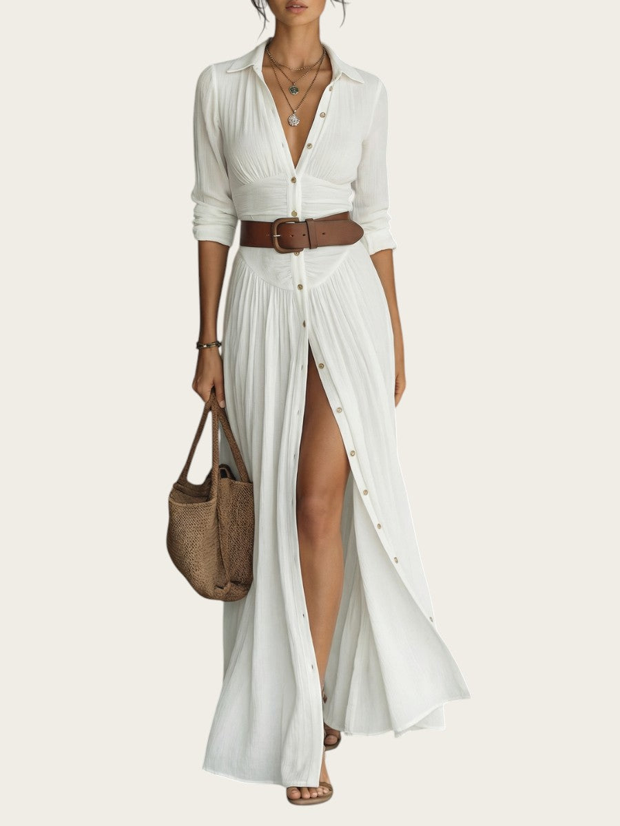 Vestido blanco largo de algodón y lino con cuello de solapa, mangas largas y falda plisada de Victoria Lemaire