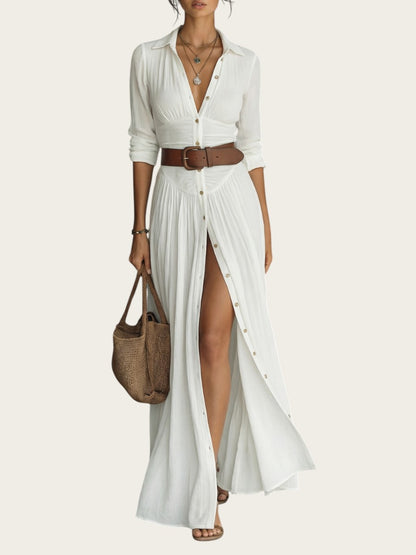Vestido blanco largo de algodón y lino con cuello de solapa, mangas largas y falda plisada de Victoria Lemaire