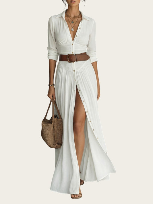 Vestido blanco largo de algodón y lino con cuello de solapa, mangas largas y falda plisada de Victoria Lemaire