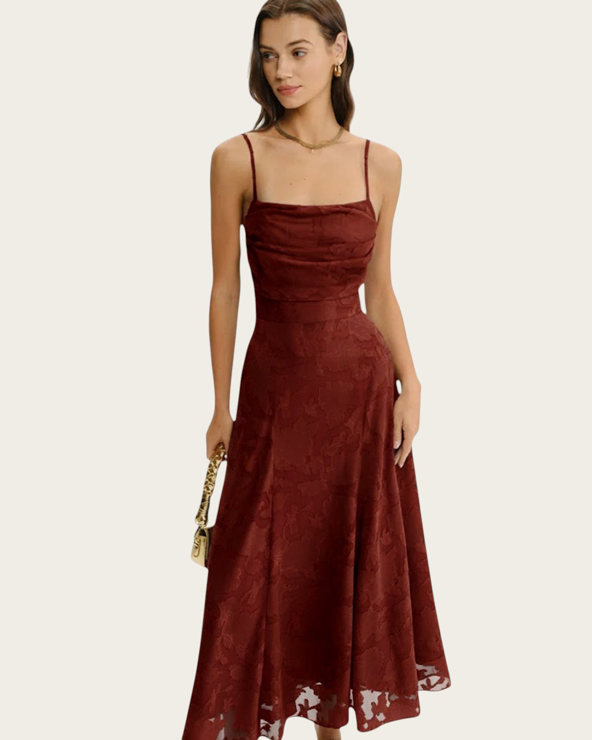 Victoria Lemaire vestido largo rojo oscuro sin mangas con escote cuadrado y estampado floral jacquard